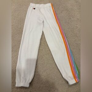Aviator Nation Kids White Joggers with Pastel Rainbow Stripes, Size 12